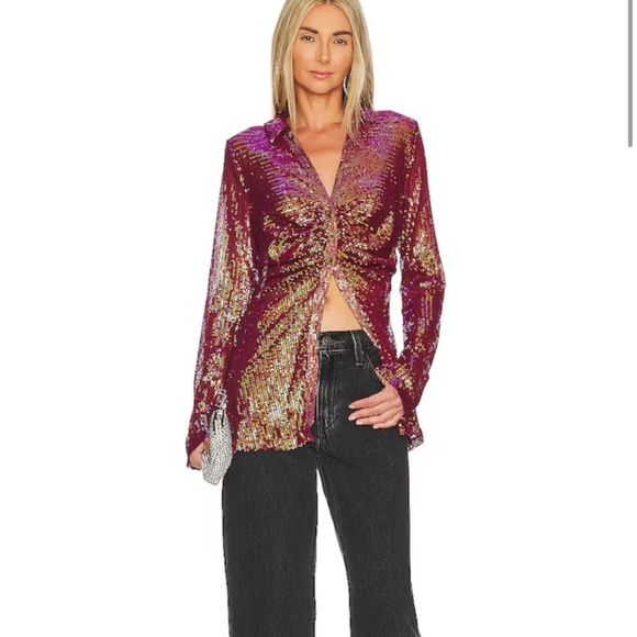 BNWT! Free People Sheer Sequin Shirtee Top in Dark Rhubarb Size XS - Picture 5 of 6